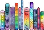 An illustration of several rainbow books