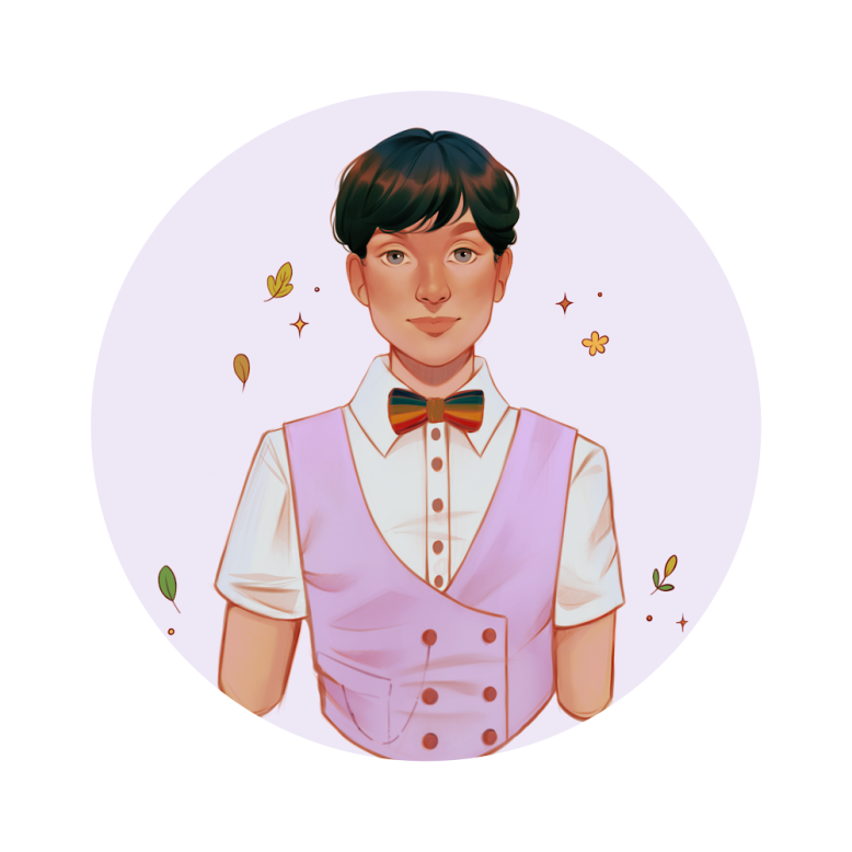 An illustration of Fin Lavoie, a white transgender man with brown hair and blue eyes, wearing a white shirt, a light purple vest, and a rainbow bow tie.